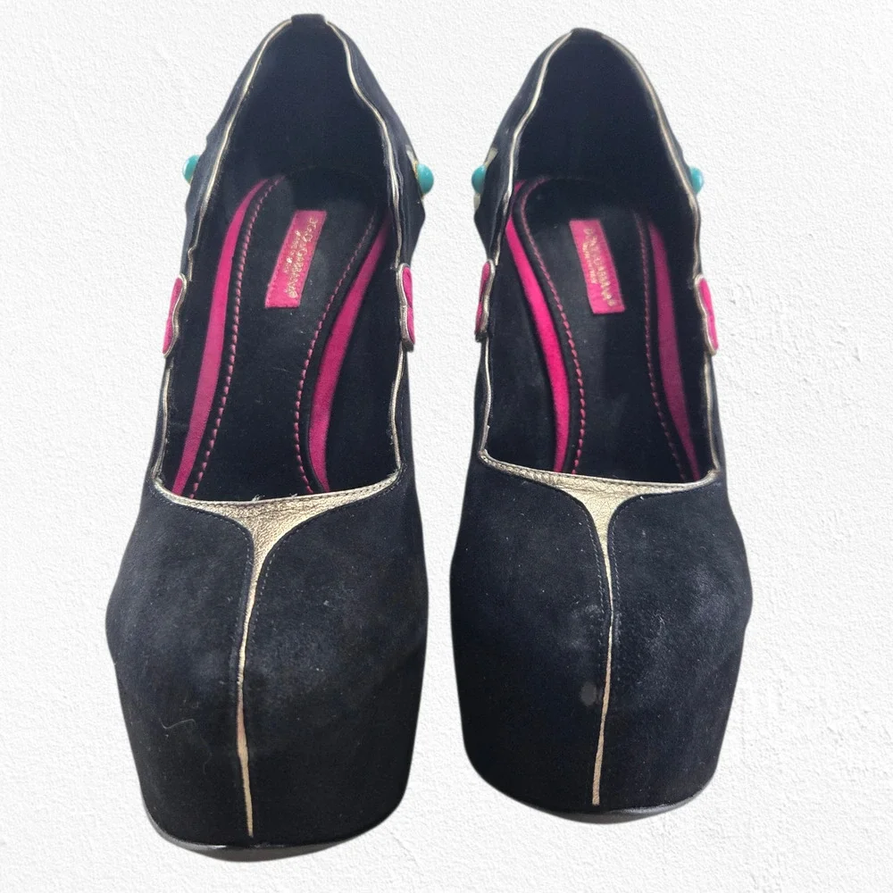 Dolce & Gabbana Face Wedge Platform Black Suede Platino Statement Heels EU 36.5 - Picture 4 of 16